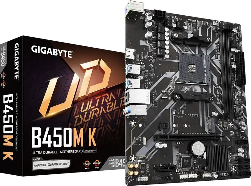 GIGABYTE B450M K, AM4, B450, 2*DDR4, HDMI,  4 SATA 6 Гб/с, M2, Audio, Gb LAN, USB 3.2, USB 2.0, mATX