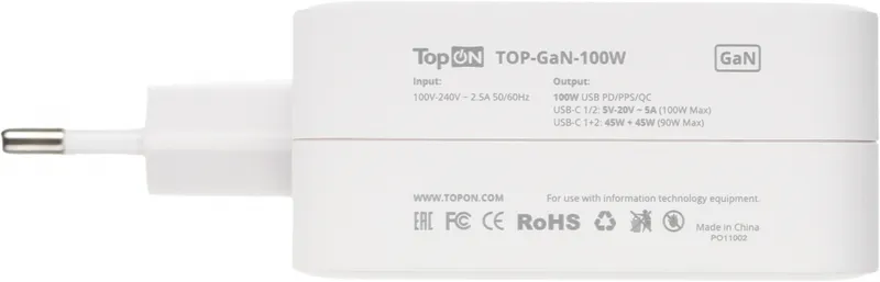 Блок питания TopON TOP-GaN-100W автоматический 100W 5V-20V 5A 2xUSB от бытовой электросети LED индикатор