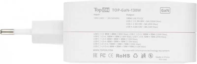 Блок питания TopON TOP-GaN-130W автоматический 130W 5V-20V 5A 4xUSB от бытовой электросети LED индикатор