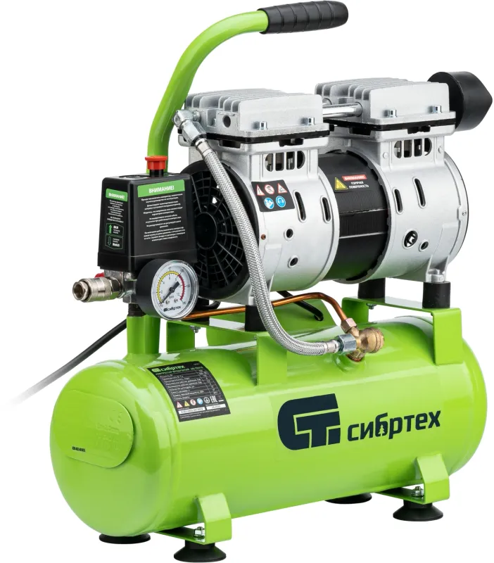 Компрессор поршневой Сибртех МБ 750/10 безмасляный 150л/мин 10л 750Вт зеленый