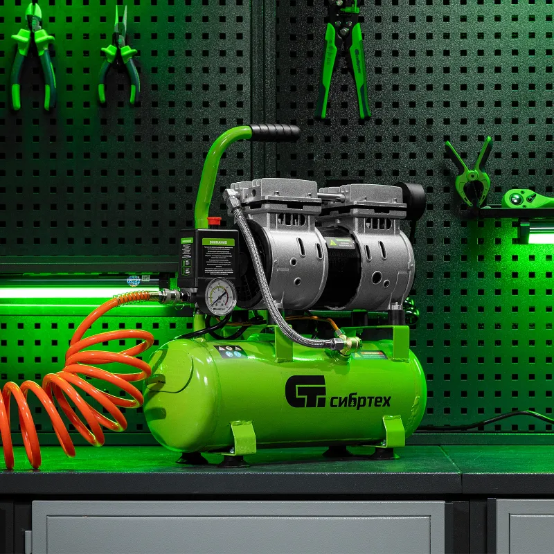 Компрессор поршневой Сибртех МБ 750/10 безмасляный 150л/мин 10л 750Вт зеленый