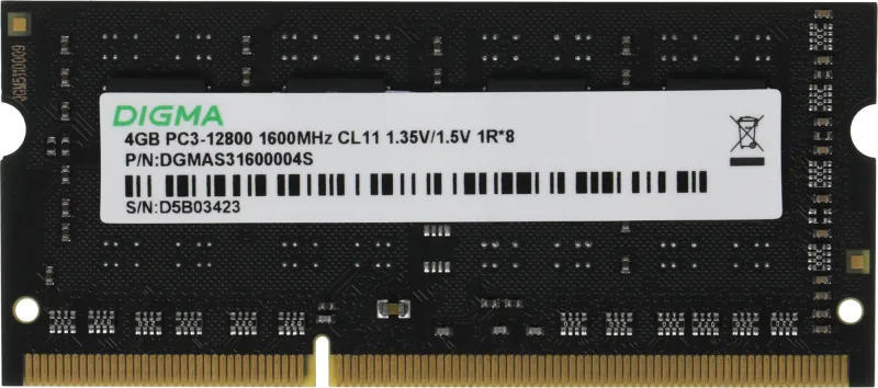 Память DDR3L 4Gb 1600MHz Digma DGMAS31600004S RTL PC3-12800 CL11 SO-DIMM 204-pin 1.35В single rank Ret