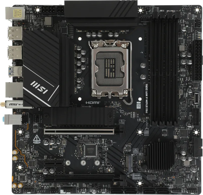 Материнская плата MSI PRO B760M-A WIFI DDR4 Soc-1700 Intel B760 4xDDR4 mATX AC`97 8ch(7.1) 2.5Gg+HDMI+DP
