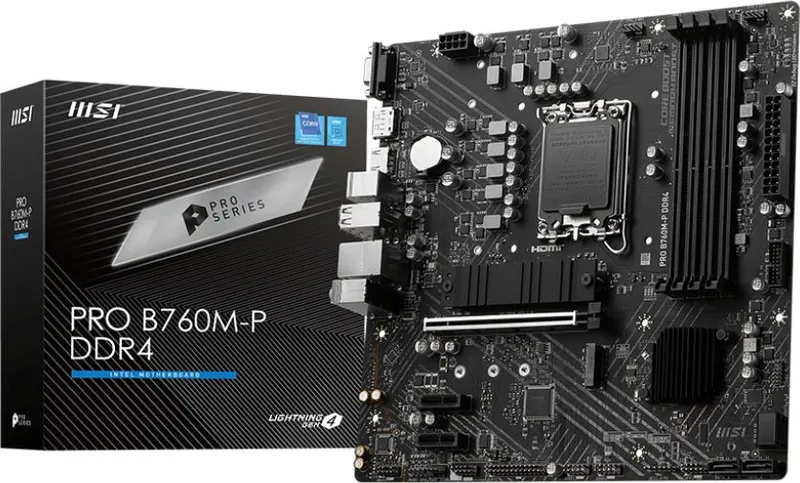 Материнская плата MSI PRO B760M-P DDR4 s1700, Intel B760, 4xDDR4, PCI-Ex16, 4SATA3, 7.1-ch, GLAN, 3 USB 3.2, 1 USB Type-C, VGA, HDMI, DP, mATX, RTL