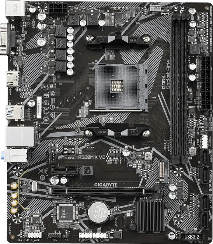 Материнская плата GIGABYTE A520M K V2, AM4, A520, 2*DDR4, D-SUB+HDMI,  4 SATA 6 Гб/с, M2, Audio, Gb LAN, USB 3.2, USB 2.0, mATX