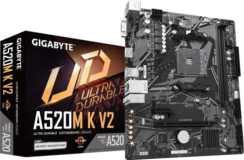 Материнская плата GIGABYTE A520M K V2, AM4, A520, 2*DDR4, D-SUB+HDMI,  4 SATA 6 Гб/с, M2, Audio, Gb LAN, USB 3.2, USB 2.0, mATX