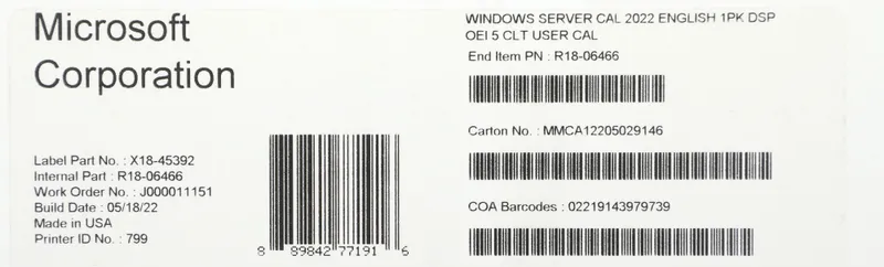 ПО Microsoft Windows Server CAL 2022 English 1pk DSP OEI 5 Clt User CAL (R18-06466)