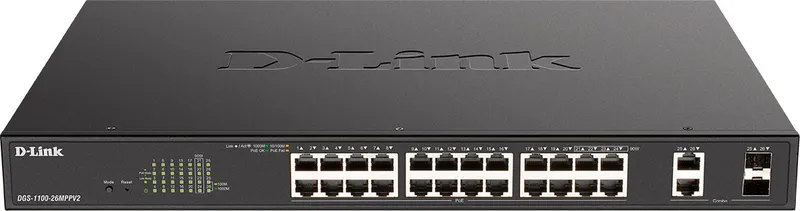 Коммутатор D-Link DGS-1100-26MPPV2/A3A (L2) 24x1Гбит/с 2xКомбо(1000BASE-T/SFP) 2SFP 24PoE 90W управляемый