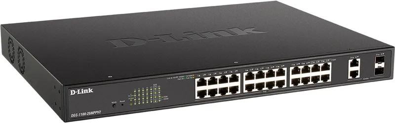 Коммутатор D-Link DGS-1100-26MPPV2/A3A (L2) 24x1Гбит/с 2xКомбо(1000BASE-T/SFP) 2SFP 24PoE 90W управляемый