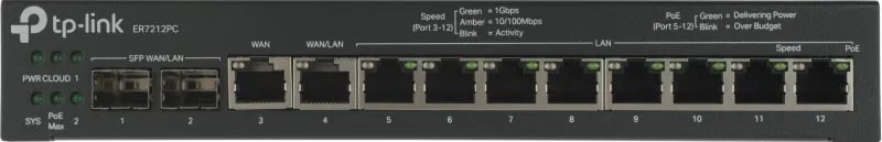 Сетевое оборудование TP-Link ER7212PC, Гигабитный VPN-маршрутизатор Omada с портами PoE+ и контроллером, 2 гиг. порта SFP WAN/LAN, 1 гиг. порт RJ45 WAN, 1 гига. порт RJ45 WAN/LAN, 8 гиг. портов RJ45 LAN