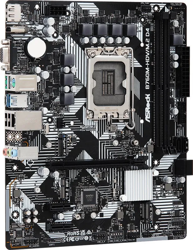 Материнская плата ASROCK B760M-HDV/M.2 D4, LGA1700, B760, 2*DDR4, HDMI+DP+D-Sub, 4xSATA3 6.0 (RAID), M.2 Socket, 4xUSB 3.2, 1xUSB2.0, Type-C, mATX; 90-MXBL40-A0UAYZ