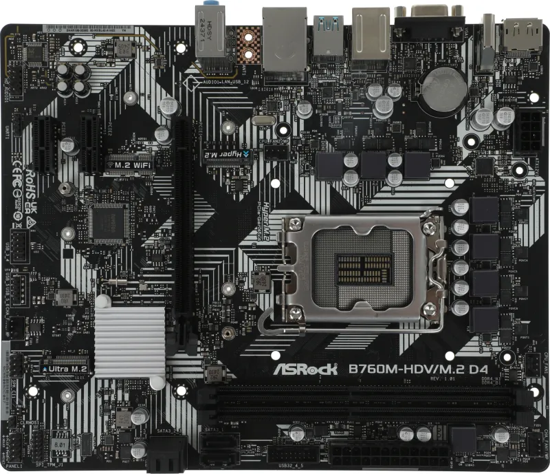 Материнская плата ASROCK B760M-HDV/M.2 D4, LGA1700, B760, 2*DDR4, HDMI+DP+D-Sub, 4xSATA3 6.0 (RAID), M.2 Socket, 4xUSB 3.2, 1xUSB2.0, Type-C, mATX; 90-MXBL40-A0UAYZ