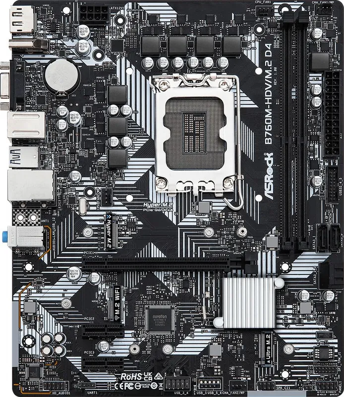 Материнская плата ASROCK B760M-HDV/M.2 D4, LGA1700, B760, 2*DDR4, HDMI+DP+D-Sub, 4xSATA3 6.0 (RAID), M.2 Socket, 4xUSB 3.2, 1xUSB2.0, Type-C, mATX; 90-MXBL40-A0UAYZ
