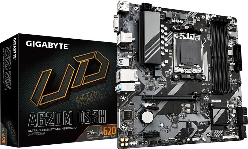 GIGABYTE A620M DS3H, AM5, A620, 2*DDR5, DP+HDMI+D-Sub,  4 SATA 6 Гб/с, M2, Audio, Gb LAN, USB 3.2, USB 2.0, mATX