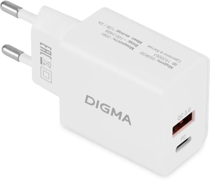 Сетевое зар./устр. Digma DGW2D 20W 3A+1A (PD+QC) USB-C/USB-A универсальное белый (DGW2D0F110WH)