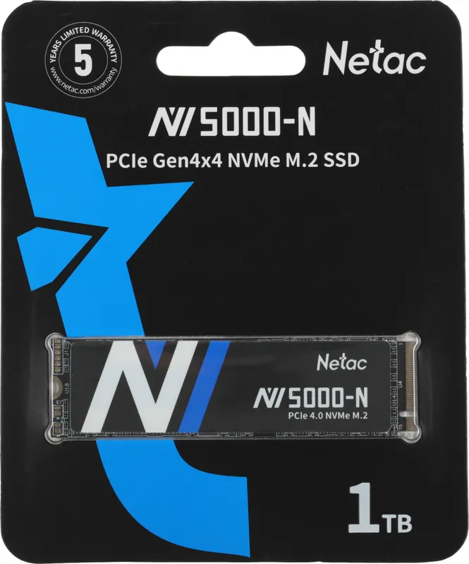 SSD накопитель Netac SSD NV5000-N 1TB PCIe 4 x4 M.2 2280 NVMe 3D NAND, R/W up to 4800/4600MB/s, IOPS(R4K) 400K/530K, TBW 640TB, without heat sink, 5y wty