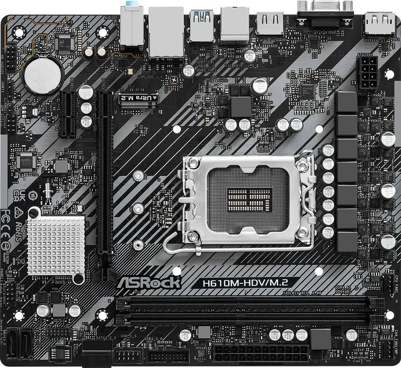 Материнская плата ASROCK H610M-HDV/M.2 R2.0, LGA1700, H610, 2*DDR4, DP+D-Sub+HDMI, 4xSATA3 6.0, M.2 Socket, USB 3.2, USB 2.0, mATX