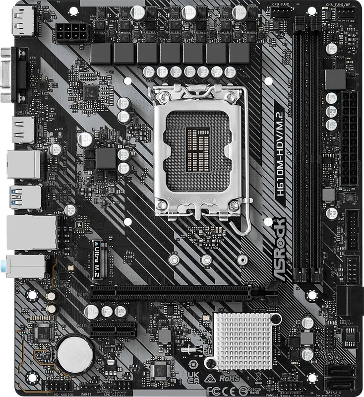 Материнская плата ASROCK H610M-HDV/M.2 R2.0, LGA1700, H610, 2*DDR4, DP+D-Sub+HDMI, 4xSATA3 6.0, M.2 Socket, USB 3.2, USB 2.0, mATX