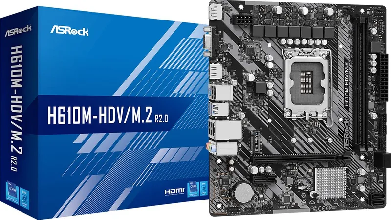 Материнская плата ASROCK H610M-HDV/M.2 R2.0, LGA1700, H610, 2*DDR4, DP+D-Sub+HDMI, 4xSATA3 6.0, M.2 Socket, USB 3.2, USB 2.0, mATX