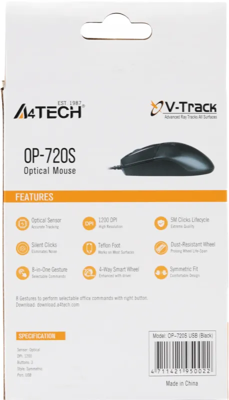 Мышь A4Tech OP-720S черный оптическая (1200dpi) silent USB (2but)