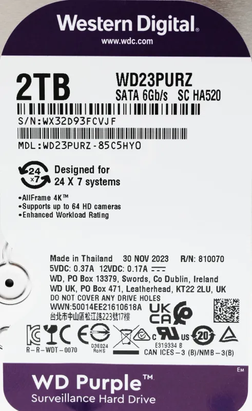 Жесткий диск Western Digital Purple HDD 3.5" SATA 2TB, IntelliPower, 256MB buffer (DV&NVR), WD23PURZ, 1 year