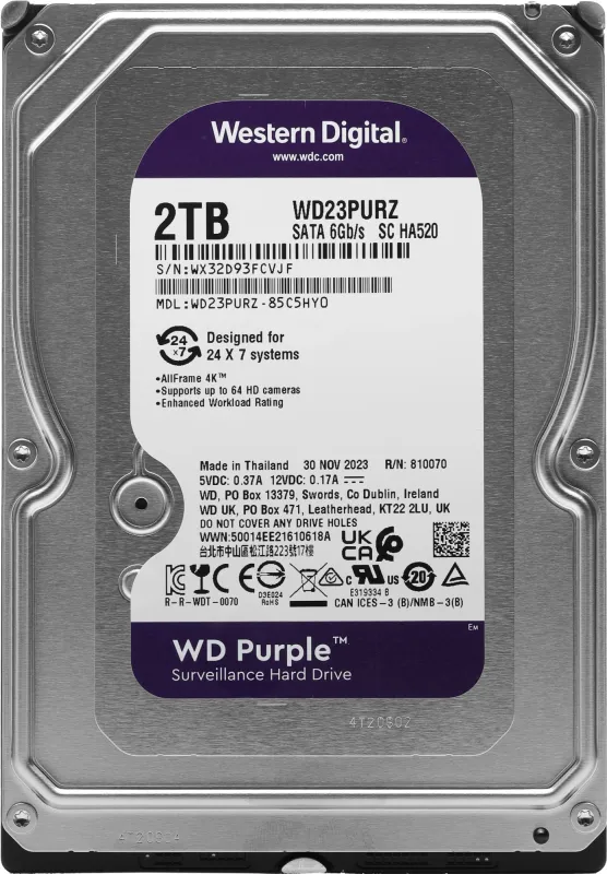 Жесткий диск Western Digital Purple HDD 3.5" SATA 2TB, IntelliPower, 256MB buffer (DV&NVR), WD23PURZ, 1 year
