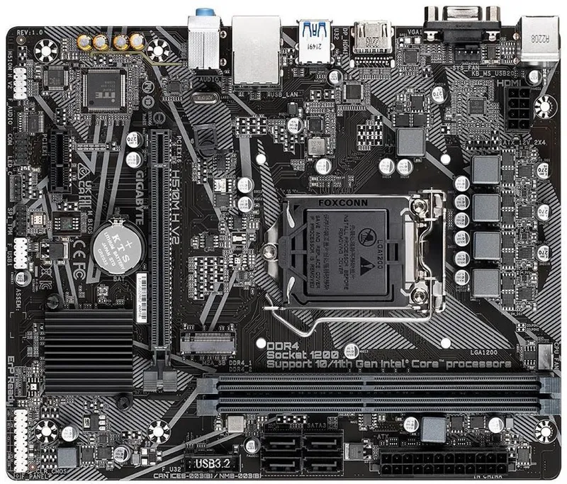 GIGABYTE H510M H V2, LGA1200, H470, 2*DDR4, D-Sub+HDMI,  4 SATA 6 Гб/с, M2, Audio, Gb LAN, USB 3.2, USB 2.0, Type-C, COM*1 header, mATX