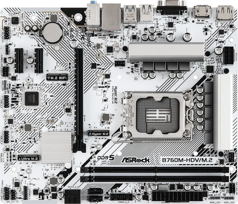 Материнская плата ASROCK B760M-HDV/M.2, LGA1700, B760, 2*DDR5, HDMI+DP+D-Sub, 4xSATA3 6.0 (RAID), M.2 Socket, USB 3.2, USB2.0, Type-C, mATX