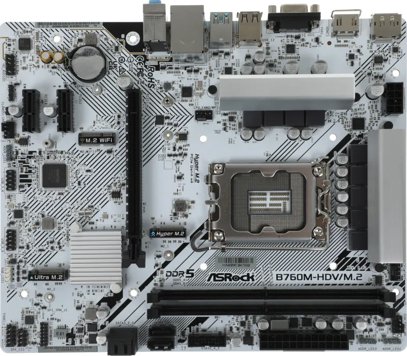 Материнская плата ASROCK B760M-HDV/M.2, LGA1700, B760, 2*DDR5, HDMI+DP+D-Sub, 4xSATA3 6.0 (RAID), M.2 Socket, USB 3.2, USB2.0, Type-C, mATX