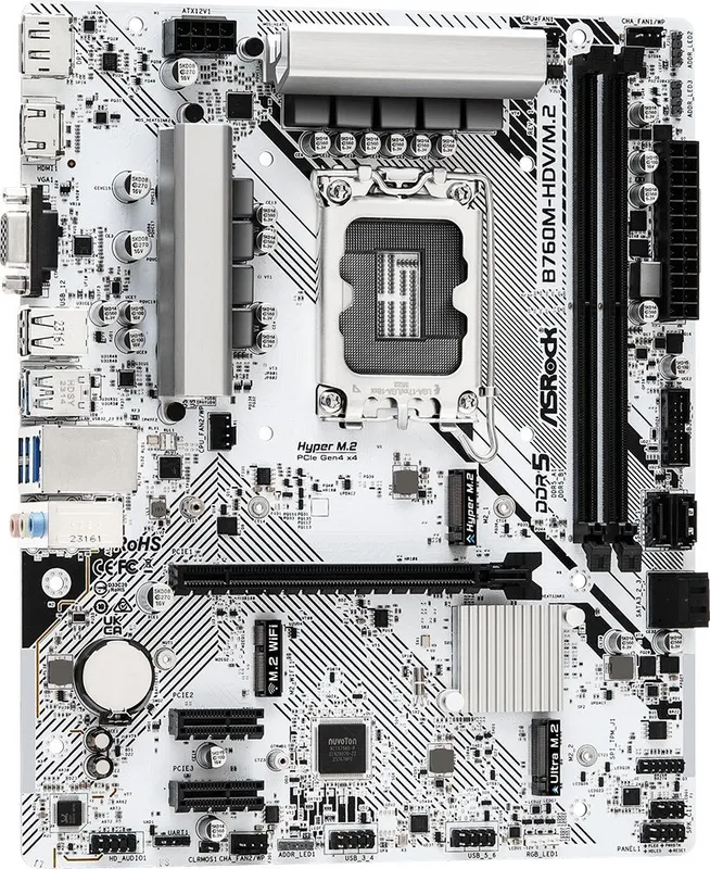 Материнская плата ASROCK B760M-HDV/M.2, LGA1700, B760, 2*DDR5, HDMI+DP+D-Sub, 4xSATA3 6.0 (RAID), M.2 Socket, USB 3.2, USB2.0, Type-C, mATX