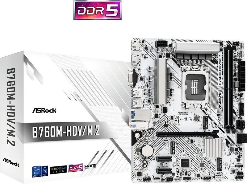 Материнская плата ASROCK B760M-HDV/M.2, LGA1700, B760, 2*DDR5, HDMI+DP+D-Sub, 4xSATA3 6.0 (RAID), M.2 Socket, USB 3.2, USB2.0, Type-C, mATX