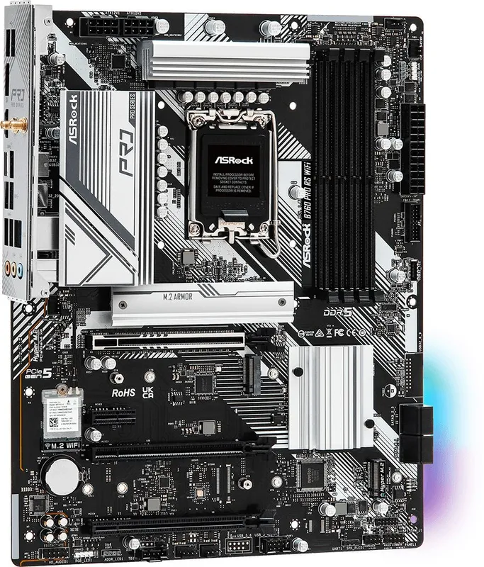 Материнская плата ASROCK B760 PRO RS WIFI, LGA1700, B760, 4*DDR5, HDMI+DP, 4xSATA3 6.0 (RAID), M.2 Socket, USB 3.2, USB2.0, Type-C, ATX