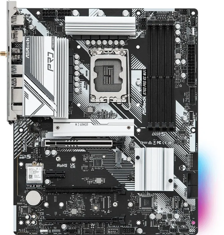 Материнская плата ASROCK B760 PRO RS WIFI, LGA1700, B760, 4*DDR5, HDMI+DP, 4xSATA3 6.0 (RAID), M.2 Socket, USB 3.2, USB2.0, Type-C, ATX