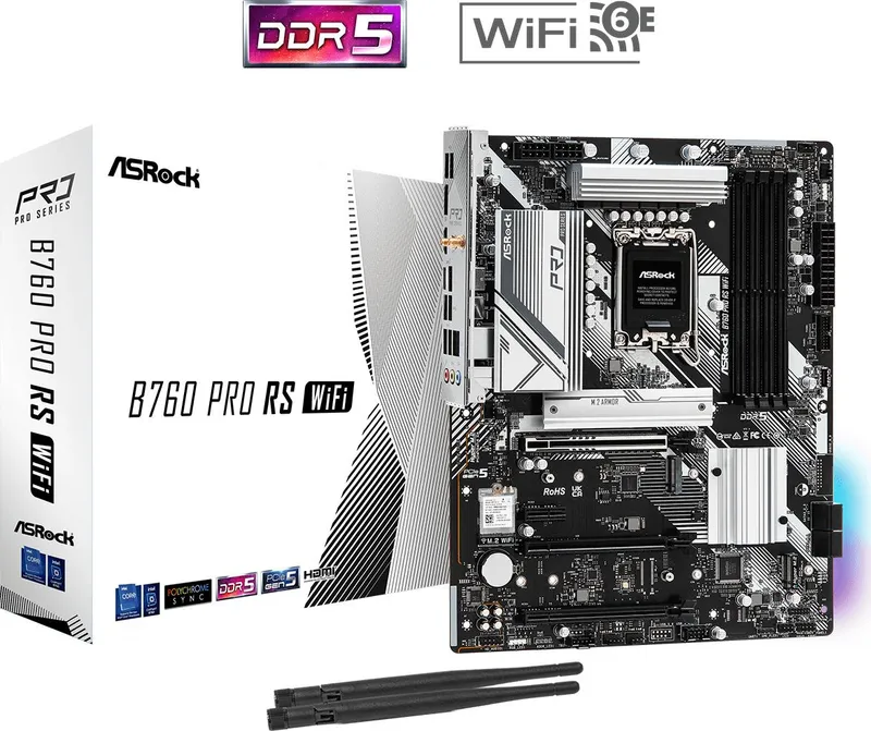 Материнская плата ASROCK B760 PRO RS WIFI, LGA1700, B760, 4*DDR5, HDMI+DP, 4xSATA3 6.0 (RAID), M.2 Socket, USB 3.2, USB2.0, Type-C, ATX