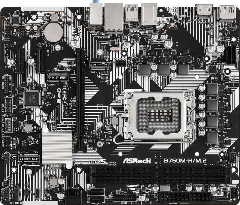 Материнская плата ASROCK B760M-H/M.2, LGA1700, B760, 2*DDR5, DP+HDMI, 4xSATA3 6.0 (RAID), M.2 Socket, USB 3.2, USB 2.0, mATX; 90-MXBM40-A0UAYZ