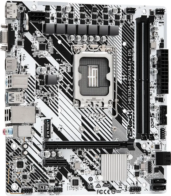 Материнская плата ASROCK H610M-HDV/M.2+ D5, LGA1700, H610, 2*DDR5, DP+D-Sub+HDMI, 4xSATA3 6.0, M.2 Socket, USB 3.2, USB 2.0, mATX;