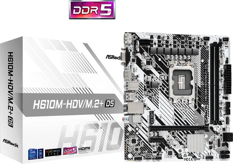 Материнская плата ASROCK H610M-HDV/M.2+ D5, LGA1700, H610, 2*DDR5, DP+D-Sub+HDMI, 4xSATA3 6.0, M.2 Socket, USB 3.2, USB 2.0, mATX;