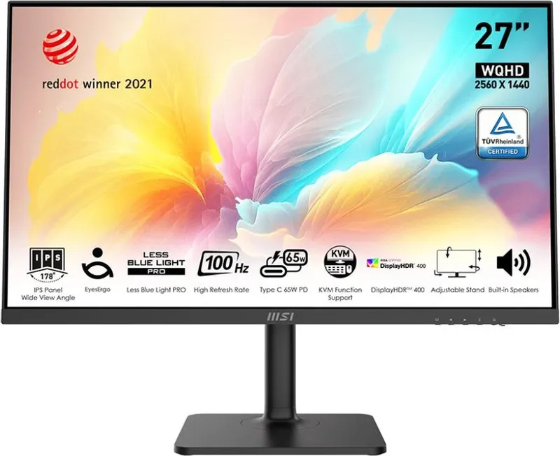 Монитор MSI Modern MD272QXP 27" 16:9 WQHD(2560x1440) IPS Flat,1ms(MPRT),HDR 400,1000:1,100M:1,400nit,178/178,HDMI,DP,2xUSB Type-A,USB Type-B,USB Type-C,Speaker,Tilt,Swivel,Height,Pivot,100Hz,Black,1y war-ty