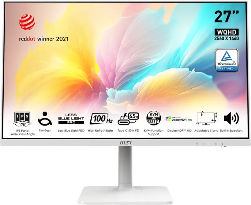 Монитор MSI Modern MD272QXPW 27" 16:9 WQHD(2560x1440) IPS Flat,1ms(MPRT),HDR 400,1000:1,100M:1,400nit,178/178,HDMI,DP,2xUSB Type-A,USB Type-B,USB Type-C,Speaker,Tilt,Swivel,Height,Pivot,100Hz,White,1y war-ty