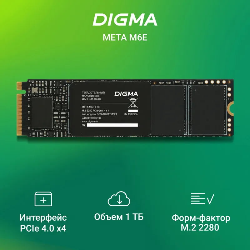 Накопитель SSD Digma PCIe 4.0 x4 1TB DGSM4001TM6ET Meta M6E M.2 2280