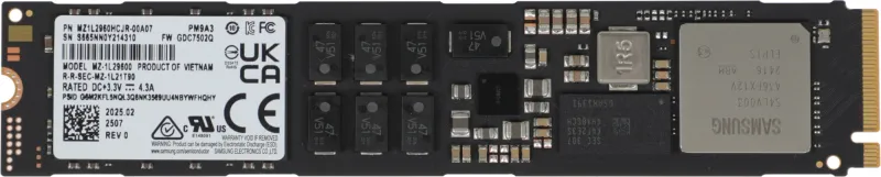 Твердотельный накопитель Samsung Enterprise SSD, M.2, PM9A3, 960GB, NVMe/PCIE Gen4 x4, R5000/W1400Mb/s, IOPS(R4K) 550K/60K, MTBF 2M, 1DWPD/5Y, TBW 1752TB, 22110, OEM (replace MZ1LB960HAJQ-00007)