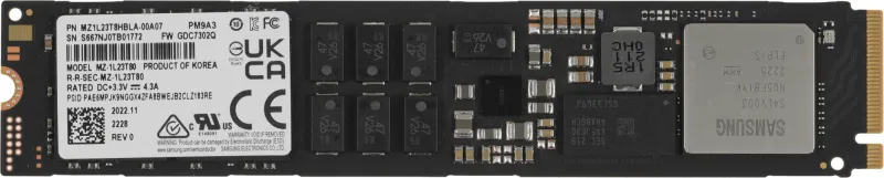 Твердотельный накопитель Samsung Enterprise SSD, M.2, PM9A3, 3840GB, NVMe/PCIE Gen4 x4, R5500/W2000Mb/s, IOPS(R4K) 800K/85K, MTBF 2M, 1DWPD/5Y, TBW 7008TB, 22110, OEM, (replace MZ1LB3T8HMLA-00007)