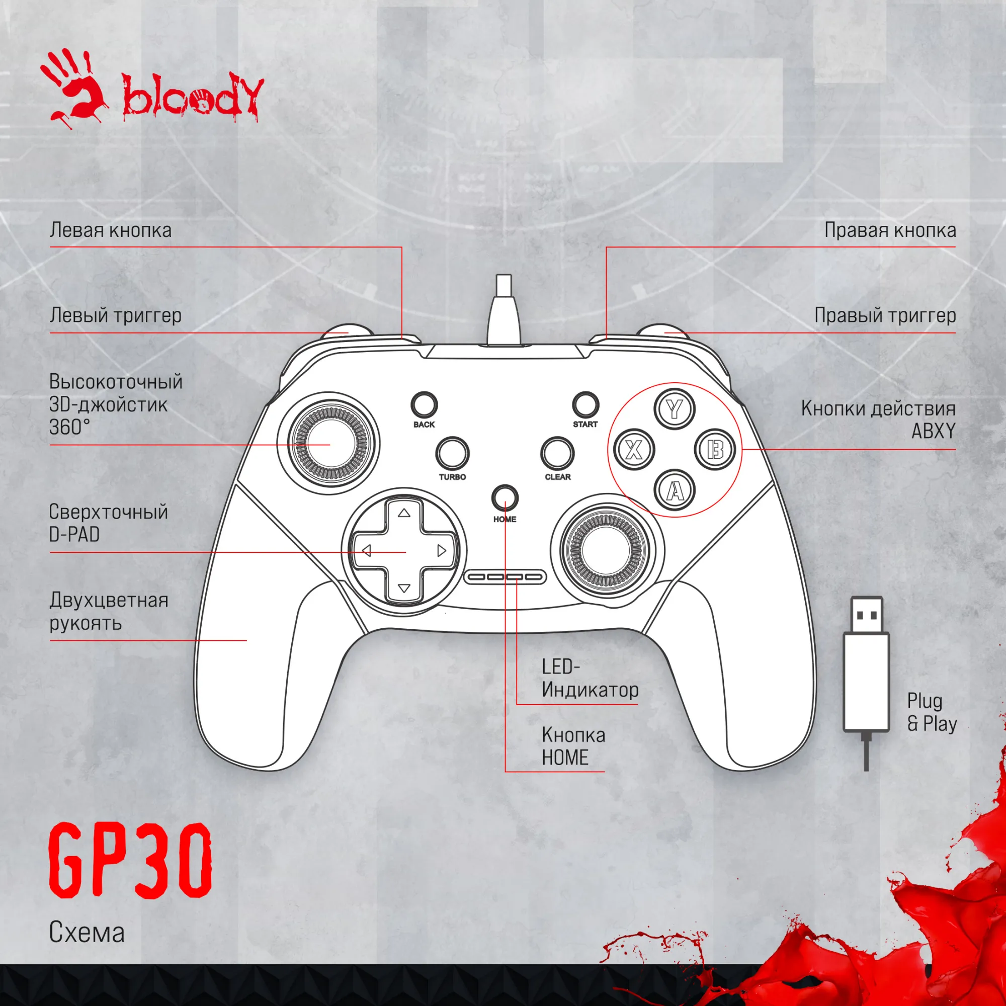 Геймпад A4Tech Bloody GP30 Sports черный/красный USB виброотдача обратная связь (GP30 SPORTS RED)