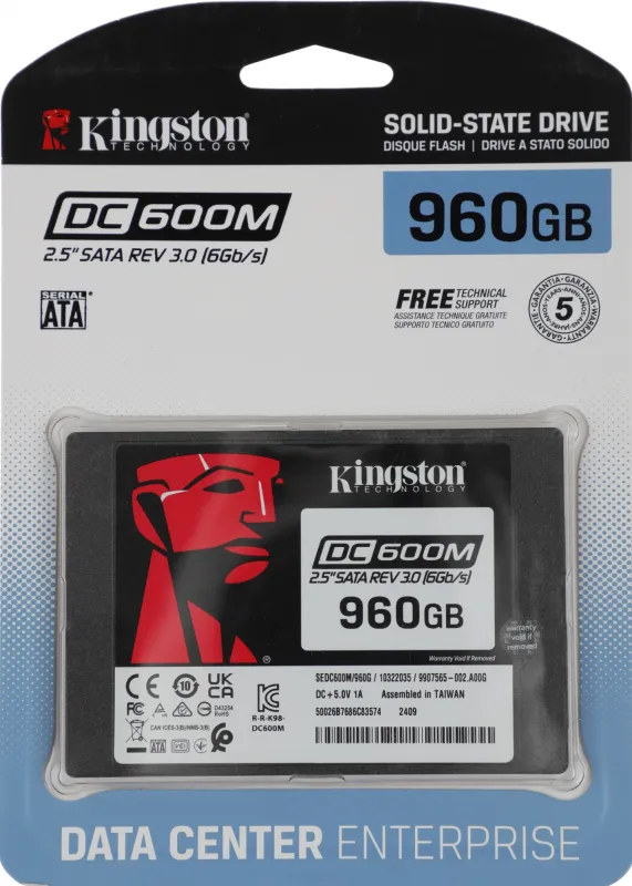 Твердотельный накопитель Kingston Enterprise SSD 960GB DC600M 2.5" SATA 3 R560/W530MB/s 3D TLC MTBF 2M 94 000/65 000 IOPS 1752TBW (Mixed-Use) 3 years