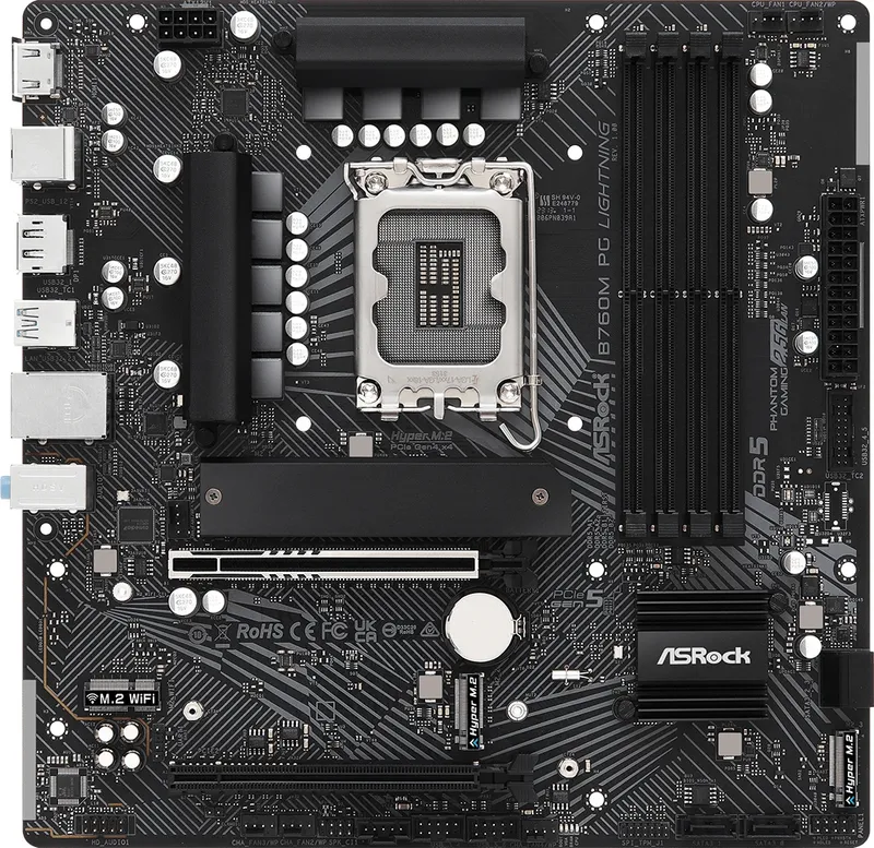 Материнская плата ASROCK B760M PG LIGHTNING, LGA1700, B760, 4*DDR5, HDMI+DP, 4xSATA3 6.0 (RAID), M.2 Socket, USB 3.2, USB2.0, Type-C, mATX