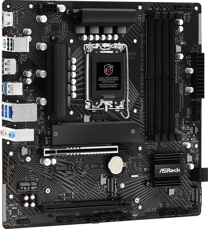 Материнская плата ASROCK B760M PG LIGHTNING, LGA1700, B760, 4*DDR5, HDMI+DP, 4xSATA3 6.0 (RAID), M.2 Socket, USB 3.2, USB2.0, Type-C, mATX