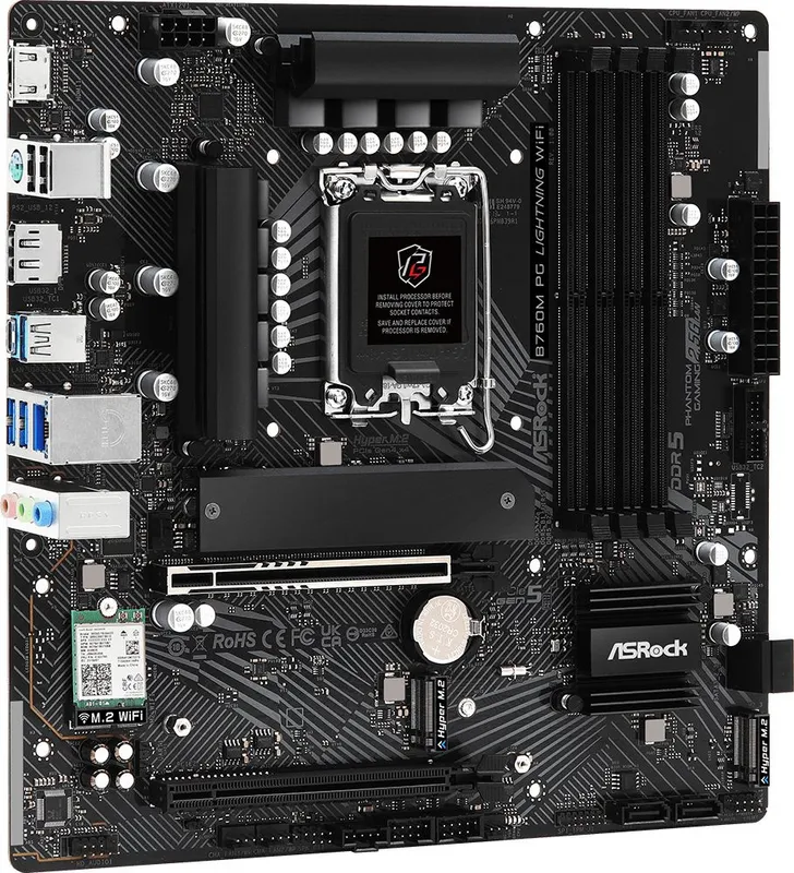 Материнская плата ASROCK B760M PG LIGHTNING WIFI, LGA1700, B760, 4*DDR5, HDMI+DP, 4xSATA3 6.0 (RAID), M.2 Socket, USB 3.2, USB2.0, Type-C, mATX