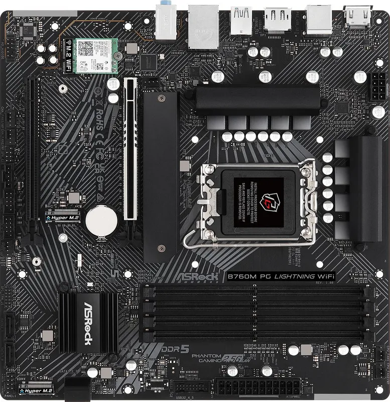 Материнская плата ASROCK B760M PG LIGHTNING WIFI, LGA1700, B760, 4*DDR5, HDMI+DP, 4xSATA3 6.0 (RAID), M.2 Socket, USB 3.2, USB2.0, Type-C, mATX