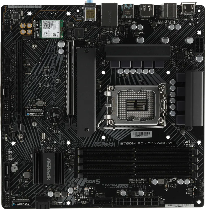 Материнская плата ASROCK B760M PG LIGHTNING WIFI, LGA1700, B760, 4*DDR5, HDMI+DP, 4xSATA3 6.0 (RAID), M.2 Socket, USB 3.2, USB2.0, Type-C, mATX