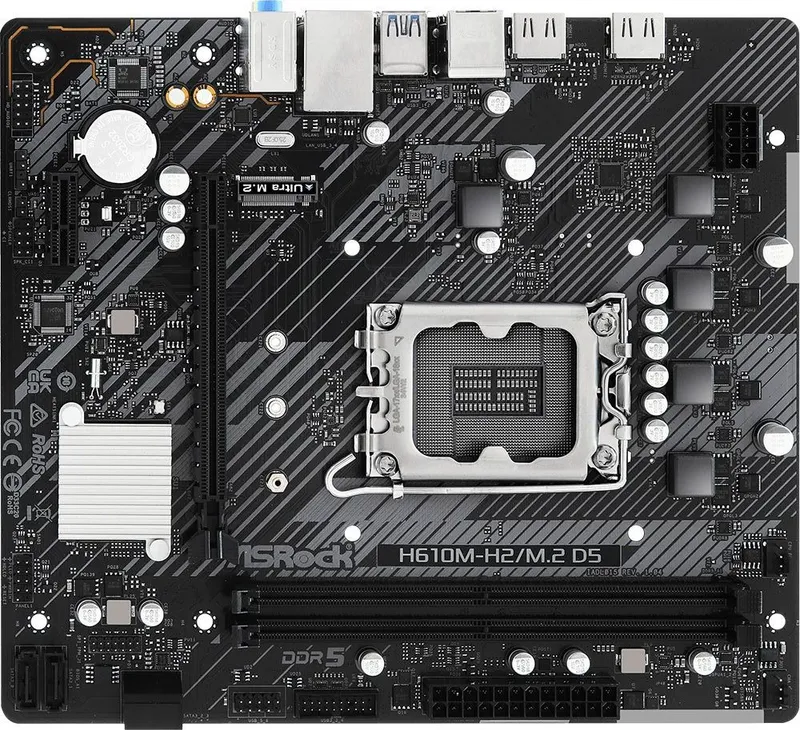 Материнская плата ASROCK H610M-H2/M.2 D5, LGA1700, H610, 2*DDR5, HDMI+DP, 4xSATA3 6.0 (RAID), M.2 Socket, USB 3.2, USB2.0, mATX